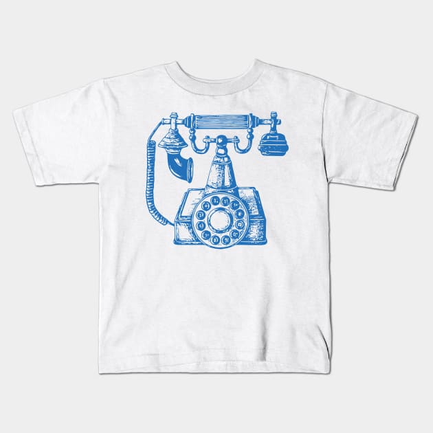 Vintage Phone Block Print in Blue and White Kids T-Shirt by OpalEllery